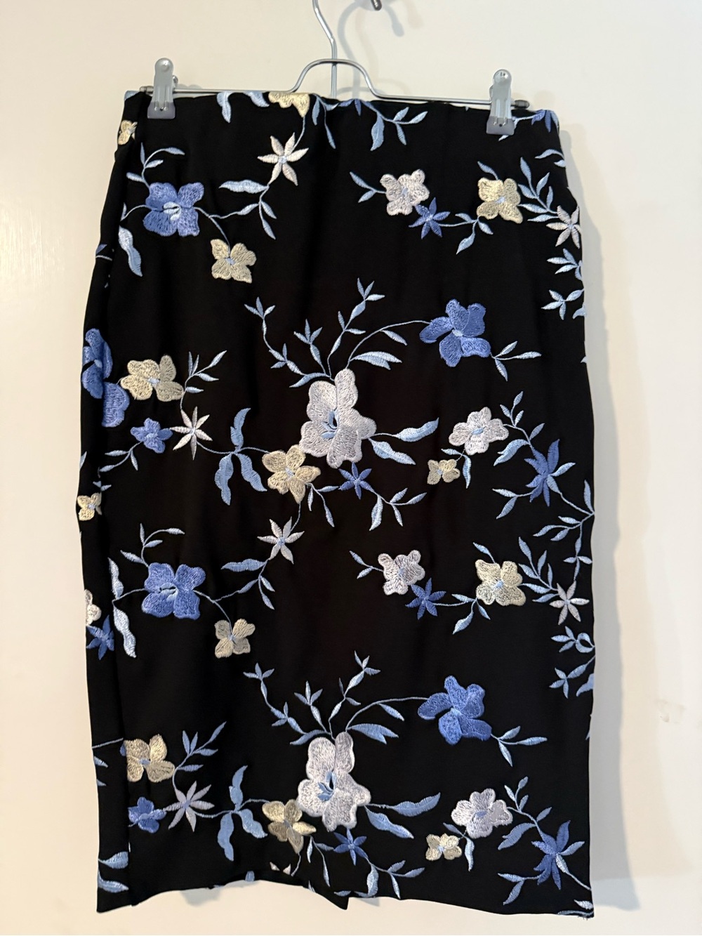 ECI Black Pencil Skirt with Blue and Cream Floral Embroidery